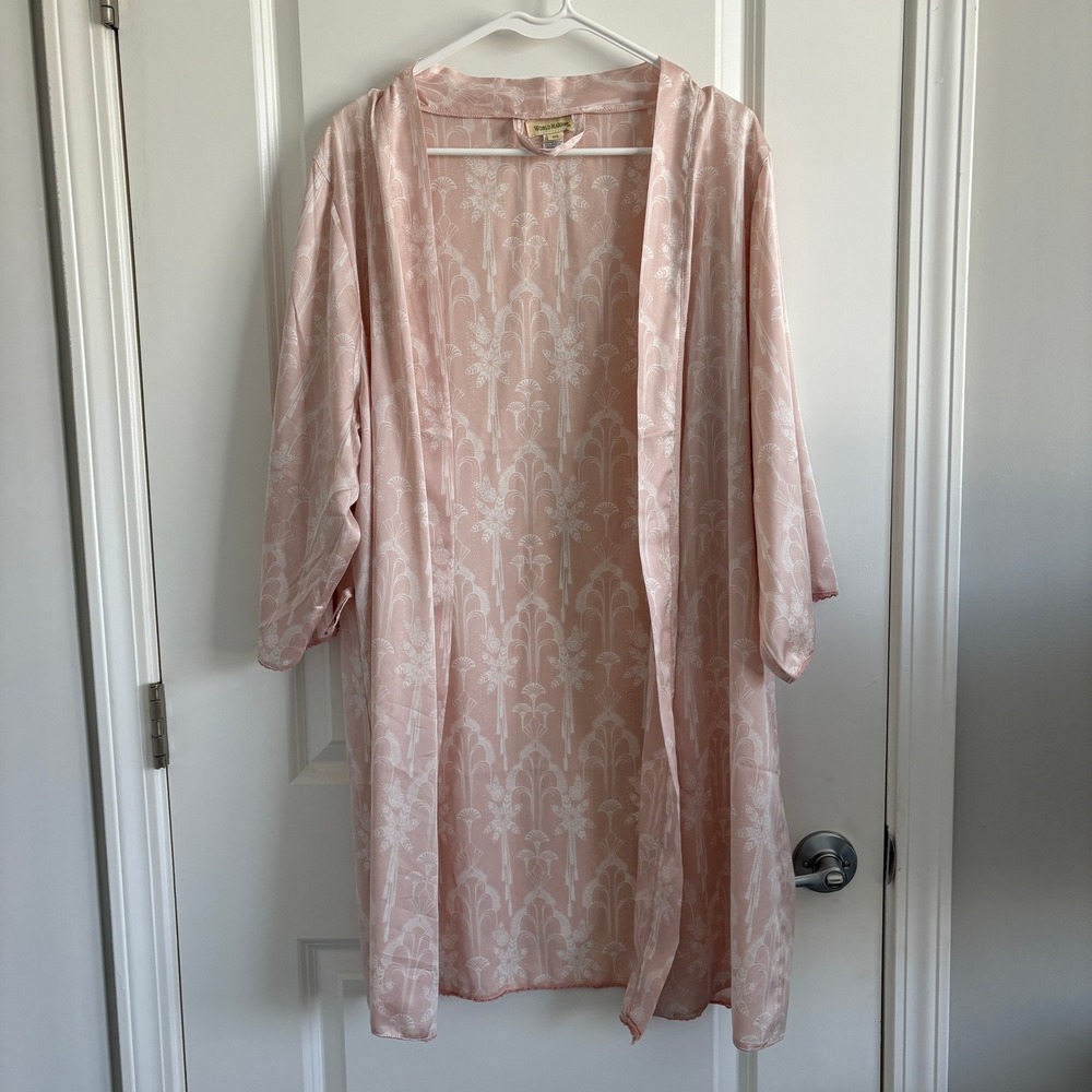 World Market Pink Kimono Robe Lace Trim Art Deco Palm Print 0/S NO BELT